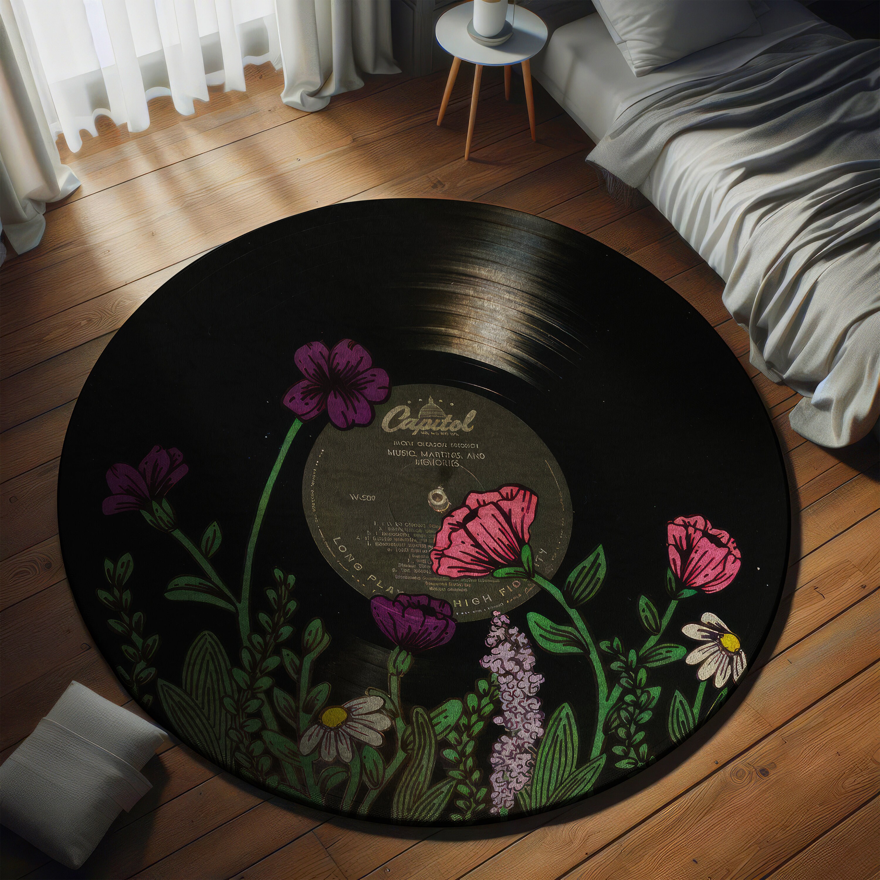 Record Rug, Record Round Rug, Classic Rug, Decorative Floral Pattern Non-Slip Round Record Rug for Music Room, Personalized Record Decor,