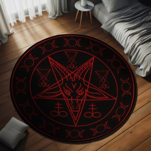 Satanic Pentagram Round Rug,Satanic Dark Skull Rug,Goatboi Rug,Satanic Decor,Horror Devil Rug,Devil Board Rug,Custom Rug,Bedroom Rug