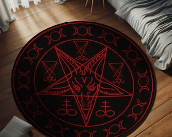 Satanic Pentagram Round Rug,Satanic Dark Skull Rug,Goatboi Rug,Satanic Decor,Horror Devil Rug,Devil Board Rug,Custom Rug,Bedroom Rug