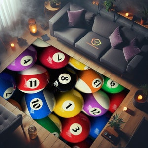 Billiards Rug,Decorative Floor Rug, Billiards fan club decor, ball flaming design Area rug, player gift for him, game room carpet, game zone