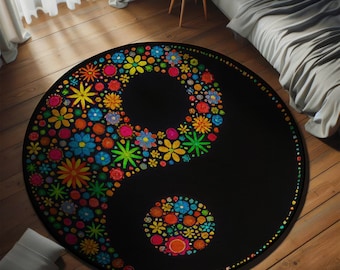 Floral Yin Yang Round Rug: Handmade Wool Area Rug