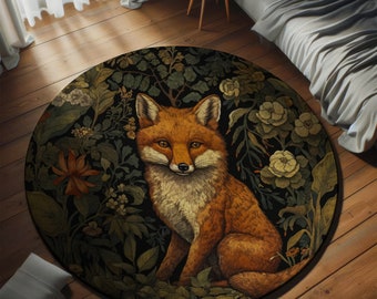Vintage Forest Fox Round Rug, Moody Botanical Woodland Floral Decorative Rug, Farmhouse Cottagecore Home Decor, Gift for Her
