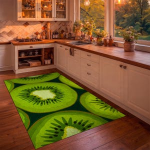 May include: A rectangular rug featuring a repeating pattern of large, green kiwi fruit slices against a dark green background. The rug is placed on a wooden floor in a kitchen setting, with white cabinets and a window in the background.