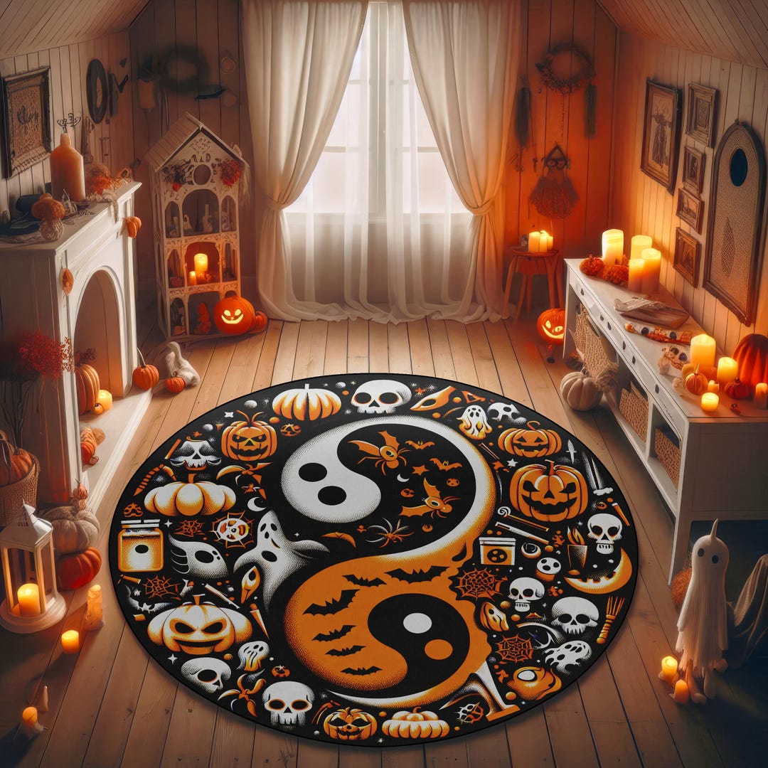 Round Halloween Yin-yang Rug With Skulls, Pumpkins & Ghosts Spooky Fall ...