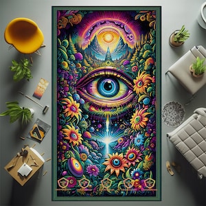 Evil Eye Teppich, Optische İllusion Teppich, Trippy Teppich, Auge mit Pflanze, Männerhöhle, Moderner Teppich, Waschbar, Vivid Buntes Raumdekor, Sonnig
