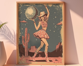 Retro Disco Cowgirl Printable Art, Desert Cactus in Space Print, Girly Wall Art, Vintage Poster, Large Wall Art, Trendy Coquette Cowgirl Art