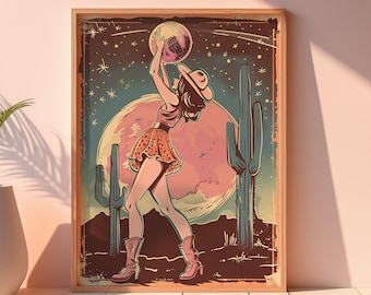 Retro Cowgirl Holding Disco Ball in Space Desert Wall Art, Retro Aesthetic, Trendy Eclectic Poster, Funny Art Print, Girly Western Decor