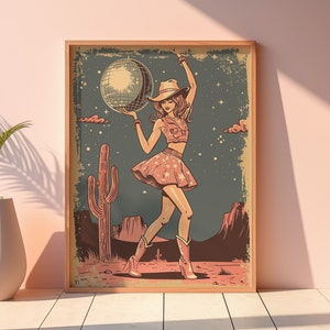 Retro Disco Cowgirl druckbare Kunst, Wüstenkaktus im Weltraum Druck, Girly Wandkunst, Vintage Plakat, große Wandkunst, trendige kokette Cowgirlkunst