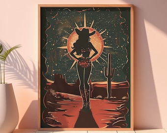 Cowgirl in Sparkly Retro Disco Outfit, Space Desert Wall Art, Vintage Aesthetic, Trendy Eclectic Poster, Cowboy Print, Girly Western Decor