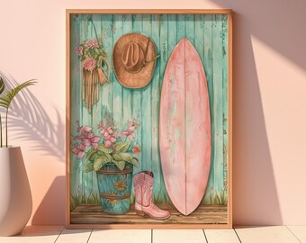 Surf Wall Art, Beachy Retro Art Printable, Girly Coastal Cowgirl Decor, Colorful California Poster, Coquette Cowgirl Boots, cowboy hat print