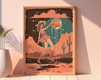 Disco Cowgirl in Desert Wall Art Printable, Trendy Retro Cowgirl, Vintage Aesthetic, Girly Western Home Decor, Quirky Art, Disco Print