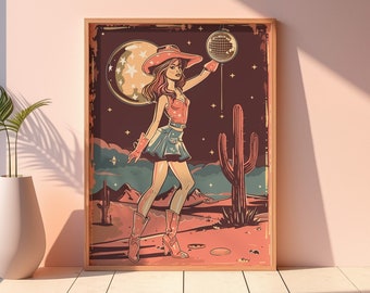 Disco Ball Poster, Retro Space Cowgirl Wandkunst, Girly Western Wohnkultur, Disco Cowgirl druckbare Kunst, trendige Vintage Ästhetik, Cowboy Kunst