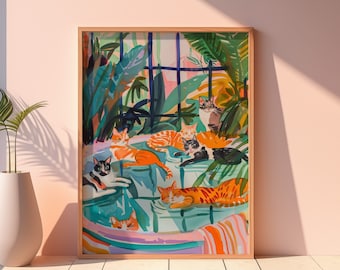 Cats in Bath Art Print, Maximalist Decor, Colorful Eclectic Poster, Dopamine Decor, Bathroom Decor, Girly Preppy Aesthetic, Trendy Wall Art