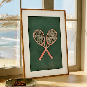 Póster retro de tenis, Impresión vintage femenina, Regalo de atleta de tenista, Arte minimalista, Arte de pared moderno, Decoración de habitación coqueta, Arte de raqueta rosa