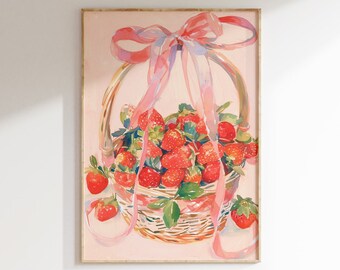 Pink Pastel Strawberries Watercolor Painting, Girly Ribbon Bow Art Print, Kitchen Wall Art, Grandmillennial Poster, Coquette Room Decor