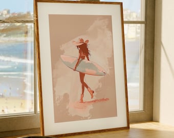 Cowgirl Surf Art Print, Vintage Coastal Cowgirl Beachy Poster, Surfer Gift, Beach House Decor, Preppy Dorm Room, Trendy Retro Printable Art