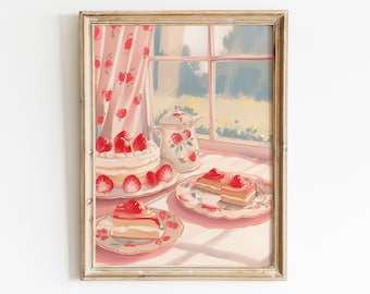 Strawberry Cottagecore Art Print, Kitchen Cake Poster, Coquette Room Decor, Dopamine Decor, Pastel Home Watercolor Painting, Unique Wall Art