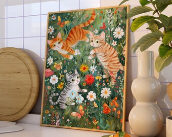 Funny Cat Poster, Kittens in Garden, Tabby Cat Wall Art, Pet Portrait, Gift for Cat Lovers, Nursery Room Art Print, Fun Colorful Wall Decor