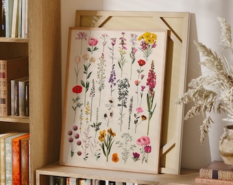Vintage Floral Wall Art, Minimalistic Print, Kitchen Poster, Mother's Day Gift for Mom, Retro Botanical Illustration, Trendy Boho Flowers