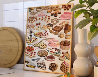 Baked Goods Food Poster, Dessert Illustration, Retro Kitchen Wall Art, Vintage Art Print, Cake Art Set, Breakfast Dining Decor, Cottage Home