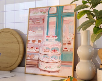 Digital Download | Bakery Art Print, cafe wall art, Pastel watercolor painting, trendy Pink Kitchen poster, Paris Print, coquette room decor