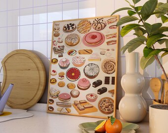 Retro Pastry Food Poster, Dessert Art Set, Kitchen Home Decor, Trendy Wall Art, Dining Room Decor, Vintage Illustration, Donut Cake Print