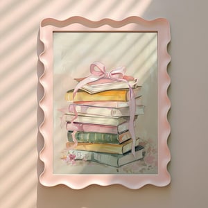 Arte de pared para amantes de los libros, pila de libros, impresión de ratón de biblioteca, decoración de la habitación del rincón del libro, póster para lectores, estética de coqueta de arco, arte de acuarela de moda