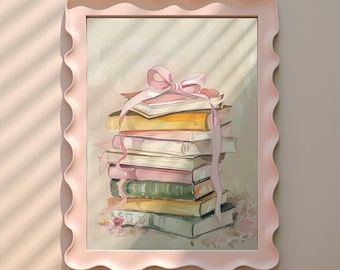 Book Lover Wall Art, Pile of Books, Bookworm Print, Book Nook Room Decor, Poster for Readers, Bow Coquette Aesthetic, Trendy Watercolor Art