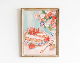 Retro strawberry shortcake pastel watercolor, Kitchen art print, Pink coquette aesthetic room decor Trendy strawberries printable wall art