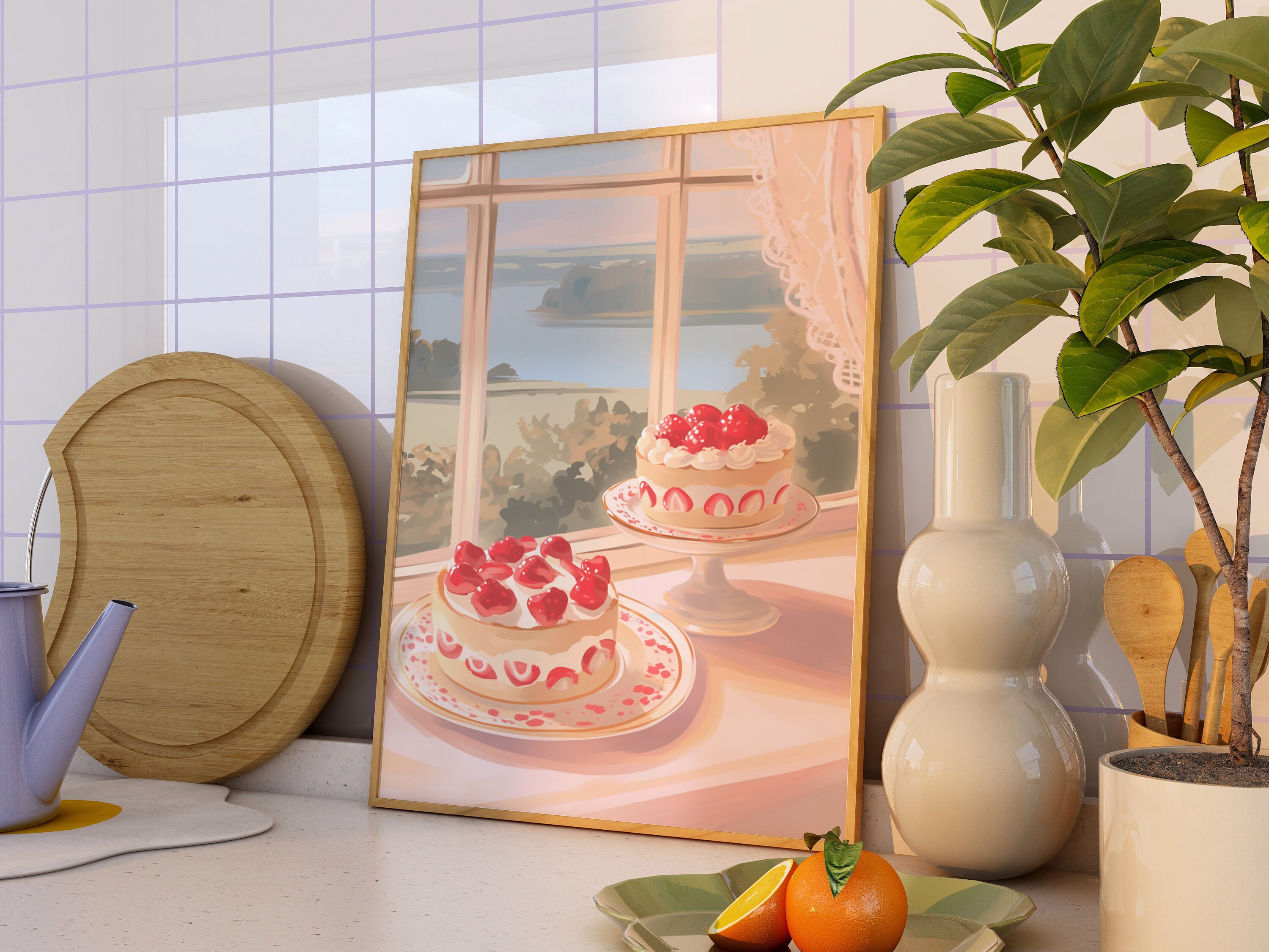 Light Pastel Strawberry Cake Wall Art, Kitchen Poster, Coquette Room ...