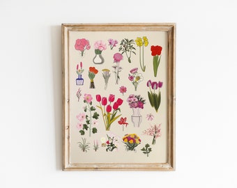 Retro Vintage Botanical Wall Art, Flower Drawing, Floral Art Print, Flowers Chart, Kitchen Wall Poster, Coquette Room Decor, Trendy Wall Art