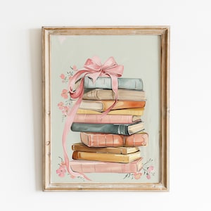 Retro Vintage Stack of Books Wall Art, Book Lover Gift, Coquette Room Decor, Trendy Wall Art, Grandmillennial Aesthetic, Cottagecore Decor