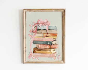 Retro Vintage Stack of Books Wall Art, Book Lover Gift, Coquette Room Decor, Trendy Wall Art, Grandmillennial Aesthetic, Cottagecore Decor