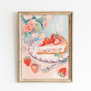 Strawberry Cake Print, Pink Wall Art, Cake Food Poster, Fun Kitchen Art, Hand Drawn Trendy Wall Decor, watercolor wall art, pink kitchen art