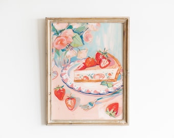 Strawberry Cake Print, Pink Wall Art, Cake Food Poster, Fun Kitchen Art, Hand Drawn Trendy Wall Decor, watercolor wall art, pink kitchen art