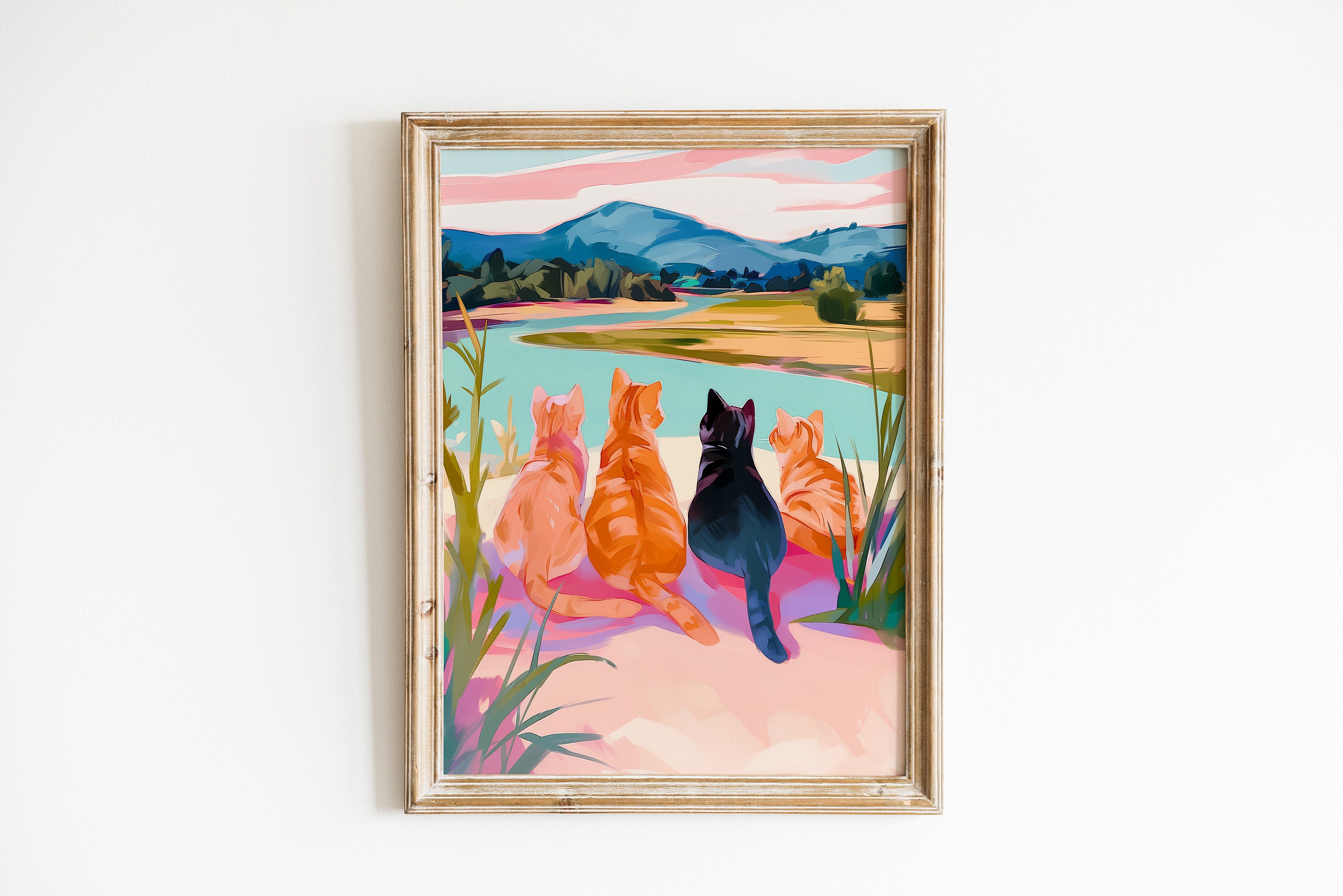 Cats by Water Art Print, Maximalist Decor, Colorful Eclectic Poster ...