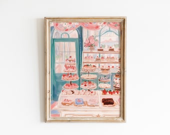 Kuchen Bäckerei Cafe Kunstdruck, rosa Kuchendekor, trendiges Café Poster, dänisch Pastell, Aquarellmalerei, druckbar,