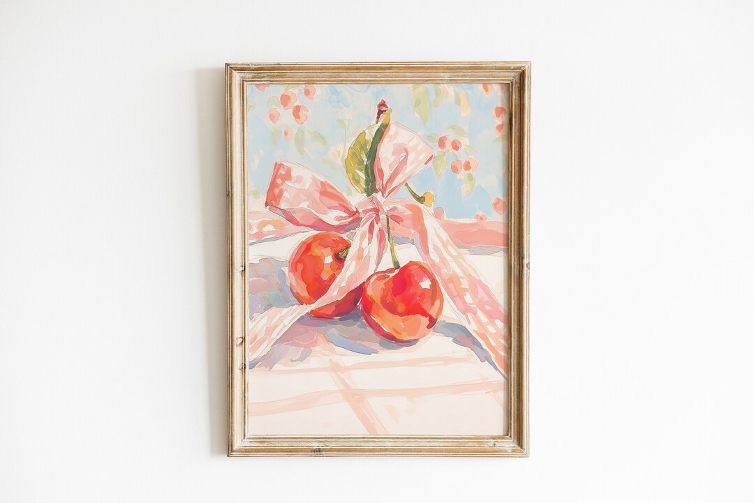 Retro Cherry Wall Art, Girly Coquette Pink Bow Preppy Room Decor ...