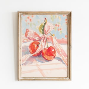 Retro Cherry Wall Art, girly Coquette Pink Bow preppy room decor, Grandmillenial aesthetic Kitchen poster, downloadable art