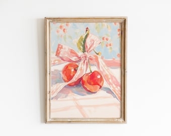 Retro Kirsche Wandkunst, mädchenhafte rosa Schleife Raumdekor, großartig ästhetisches Küchenplakat des Grandmillenial, herunterladbare Kunst