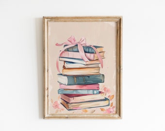 Stack of Books Art Print, Gift for Book Lover, Retro Library Poster, Girly Bow Coquette Aesthetic, Trendy Wall Art, Academia Dorm Room Decor