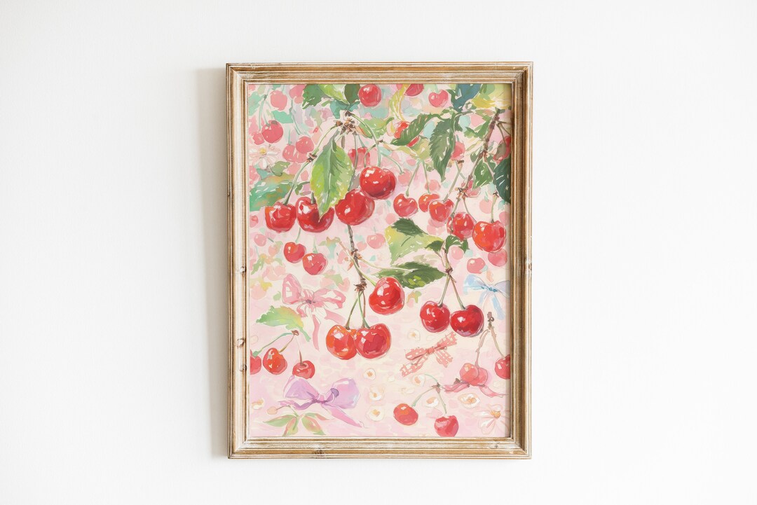 Cherry Wall Art Print, Coquette Grandmillenial Pink Bow Room Decor ...