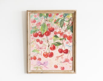 Cherry Wall Art Print, coquette grandmillenial pink bow room decor, trendy wall art, preppy college apartment poster, digital download