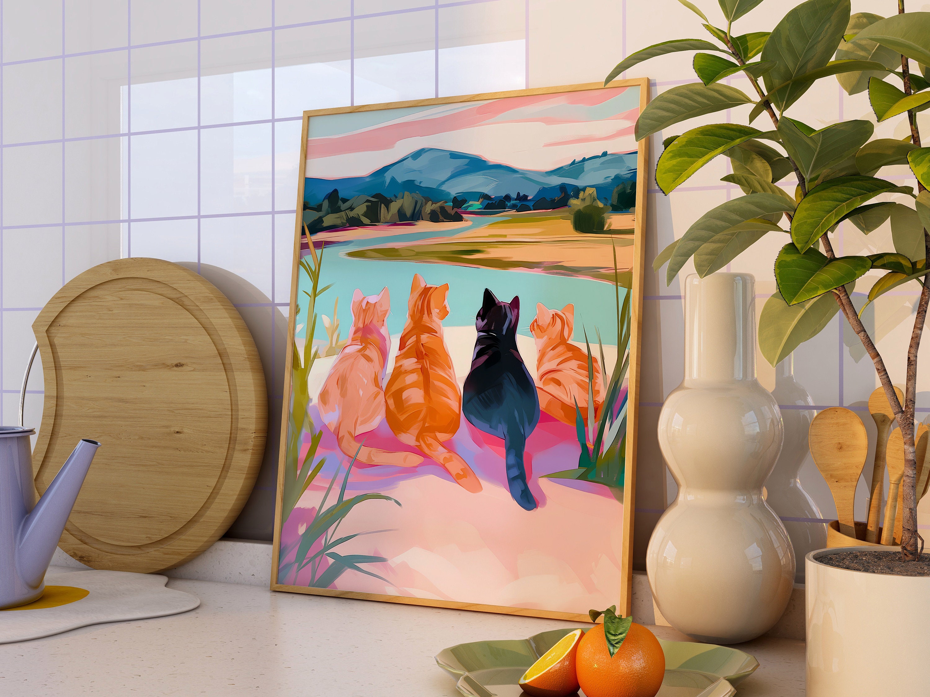 Cats by Water Art Print, Maximalist Decor, Colorful Eclectic Poster ...