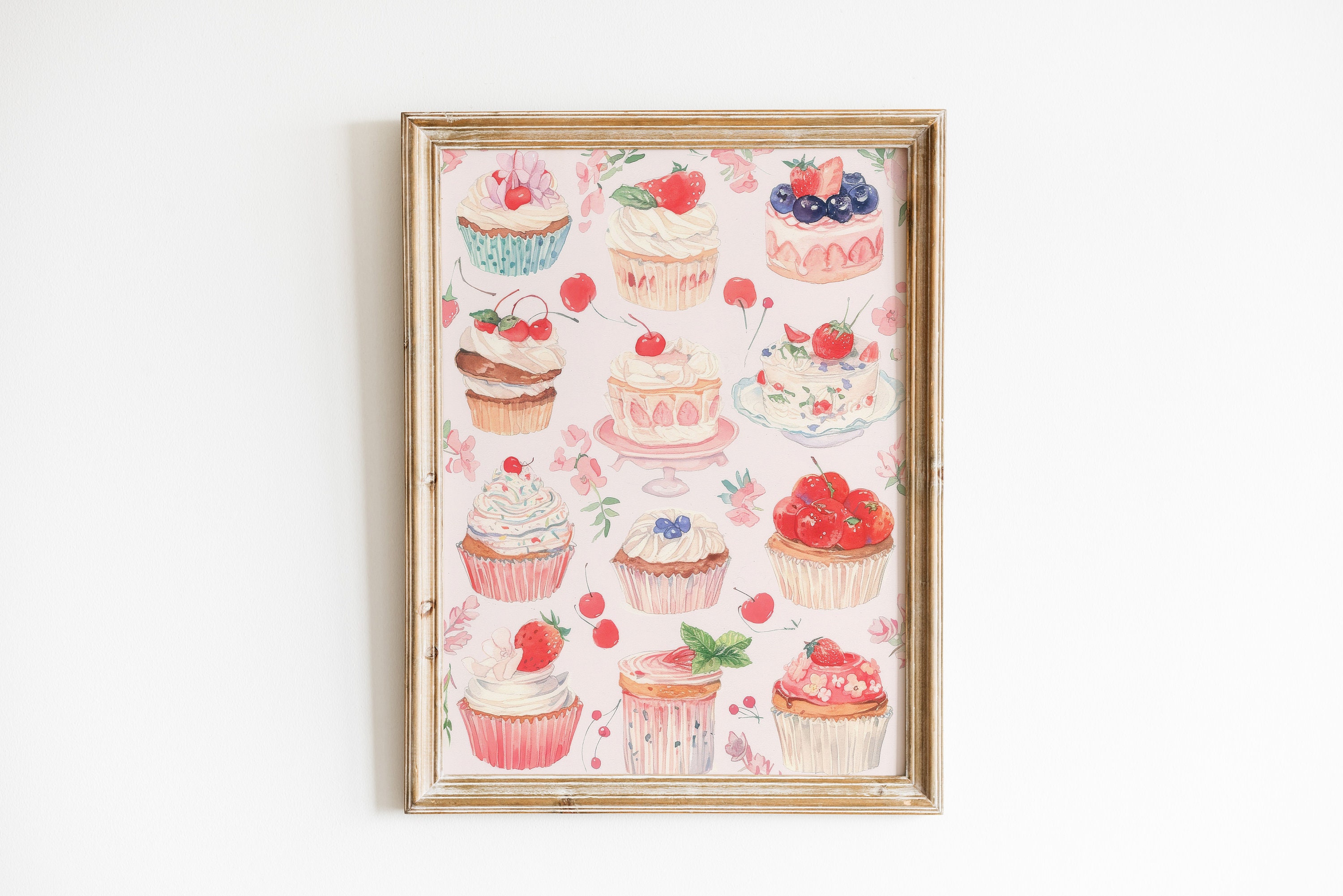 Cupcake Aquarell Print, Küche Poster kokett, trendige Retro-Wandkunst, Kuchendekoration, druckbarer digitaler Download