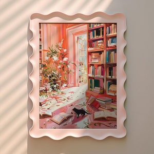 Arte retro de libros de gatos, Arte de pared moderno, Lámina divertida, Póster de librería acogedor, Decoración del hogar para amantes de los libros, Rincón de libros caprichoso, Regalo para amantes de los gatos
