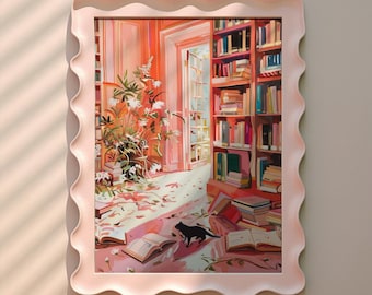 Retro Katzenbuch, trendige Wandkunst, lustiger Kunstdruck, gemütliche Buchladen Poster, Buchliebhaber Wohnkultur, wunderliche Bücherecke, Geschenk für Katzenliebhaber