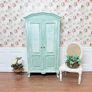 Miniature wardrobe. 1/12 scale shabby chic distressed vintage armoire. Dollhouse furniture