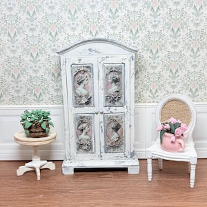 Miniature wardrobe. 1/12 scale shabby chic, vintage Victorian style armoire. Dollhouse furniture