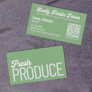 Fresh Greens Farm Business Card – Double-Sided Canva Template with QR Code for Farm Family Business